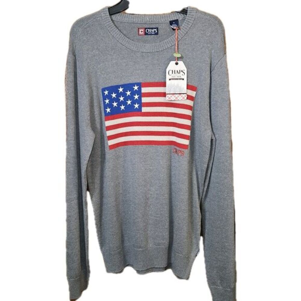 Chaps Sweater Mens Medium American Flag Grey Cotton Blend Crewneck Patriotic New